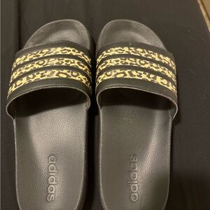Adidas Black Slides with Gold Animal Print